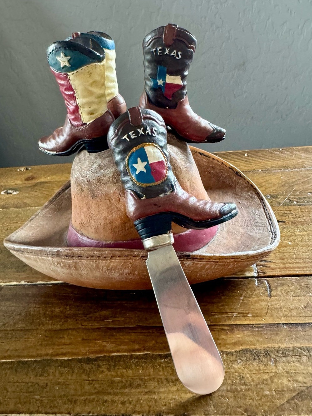 Texas Cowboy Boot Cheese Spreader Set w/ Cowboy Hat Holder Western Decor